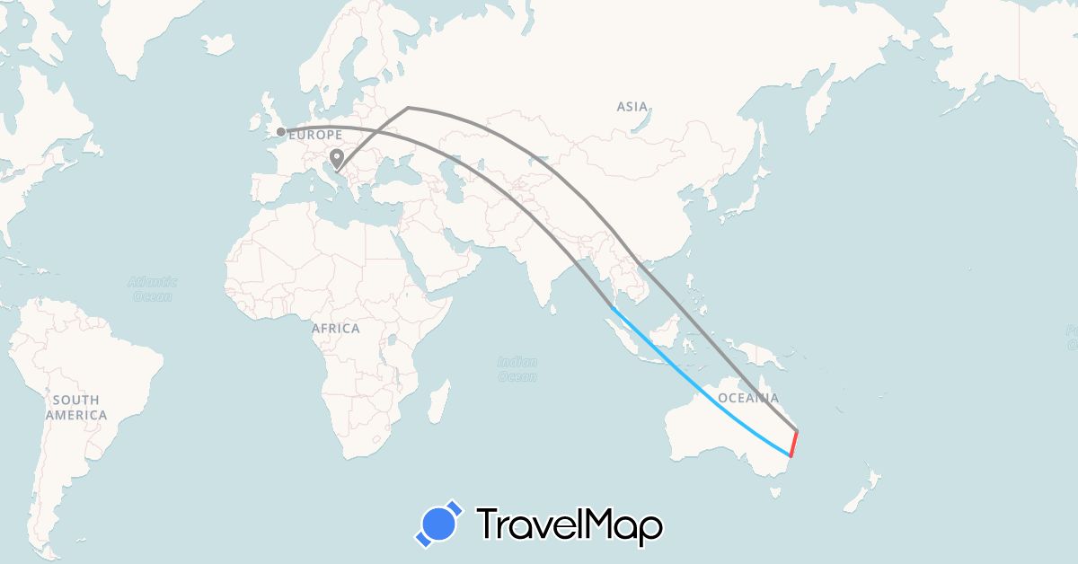TravelMap itinerary: driving, plane, train, hiking, boat in Australia, United Kingdom, Croatia, Russia, Thailand, Vietnam (Asia, Europe, Oceania)